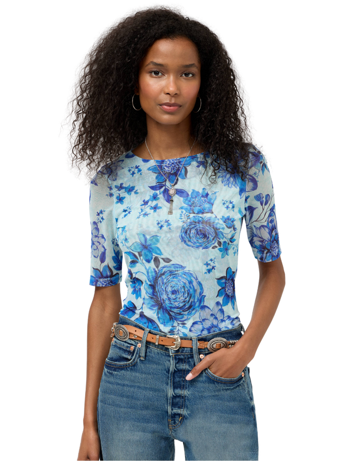 Johnny Was Elbow Sleeve Boat Neck Mesh Top in Casablanca Paradisa