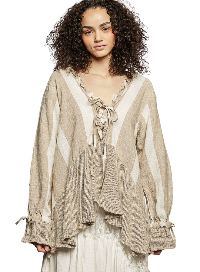 Ruffled Linen Stripe Top In Neutrals