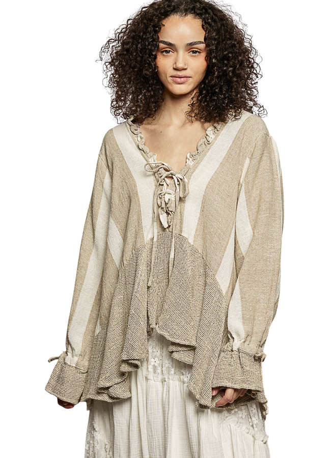 Ruffled Linen Stripe Top In Neutrals