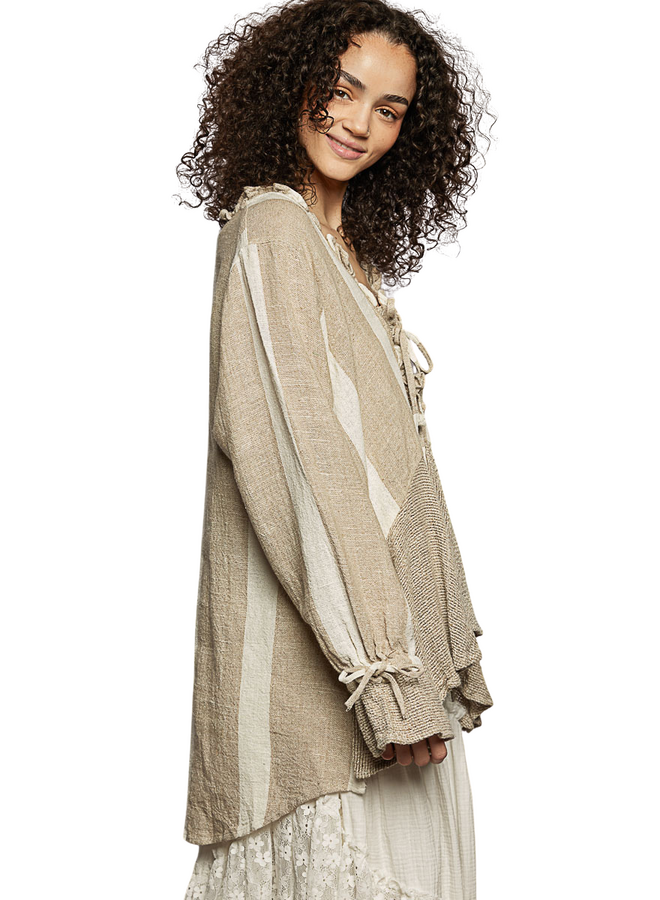Ruffled Linen Stripe Top In Neutrals