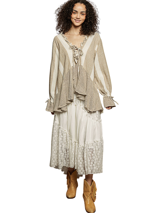 Ruffled Linen Stripe Top In Neutrals