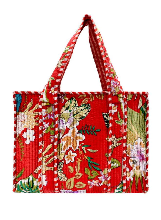 Large Tropical Flower Tote Bag in Red