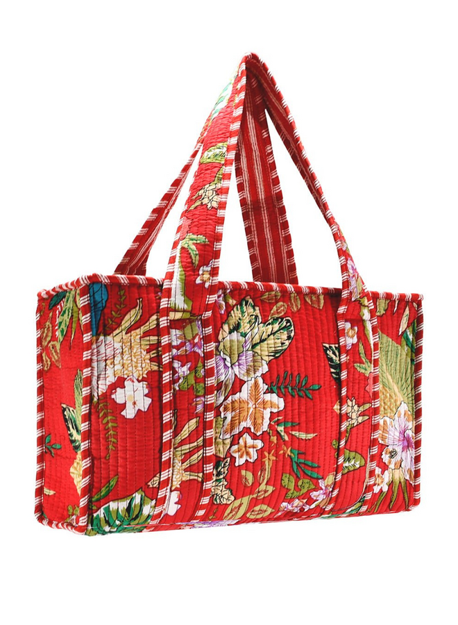 Large Tropical Flower Tote Bag in Red
