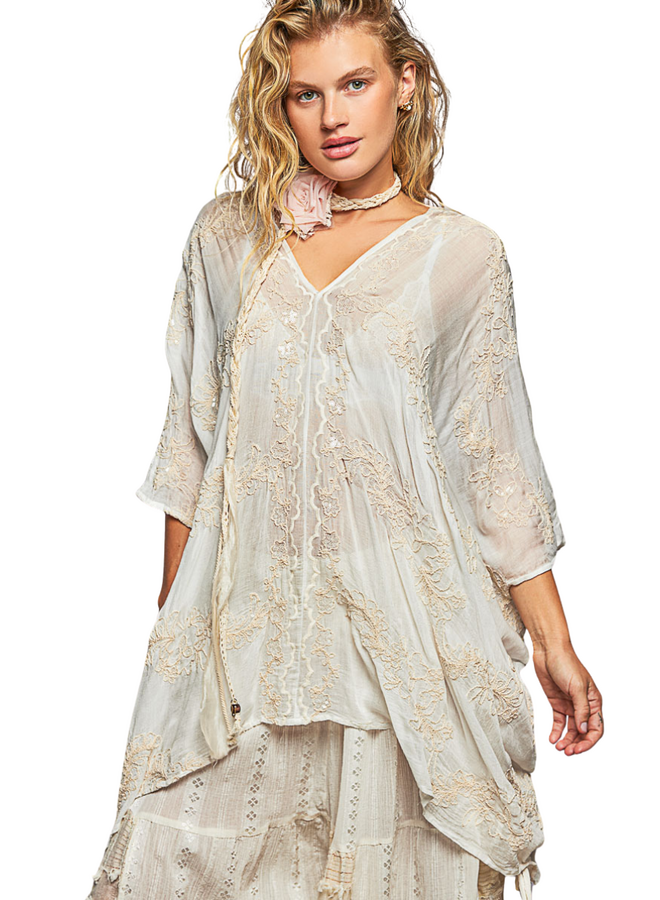 Breezy Embroidered Poncho in Natural