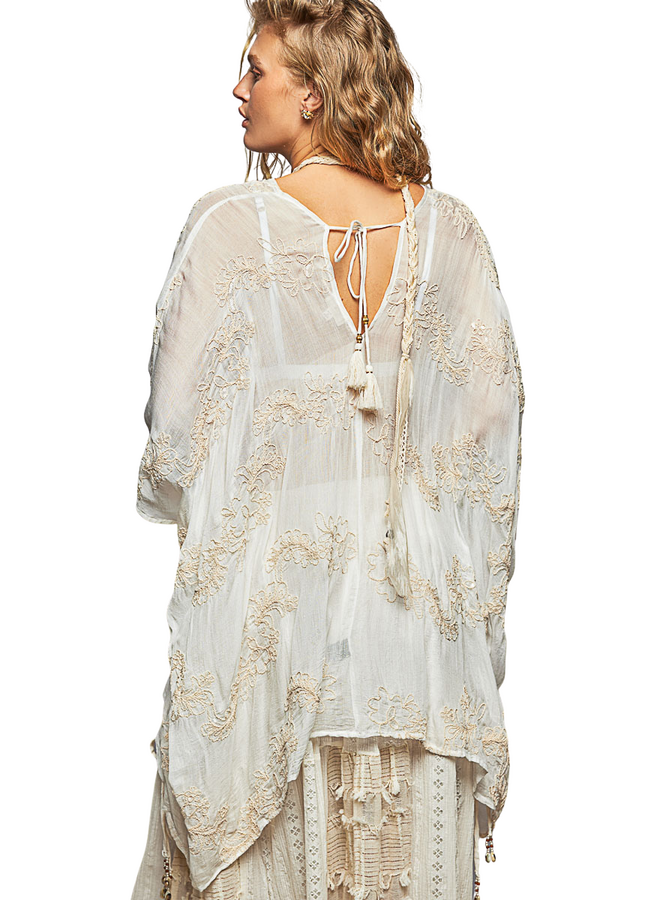 Breezy Embroidered Poncho in Natural