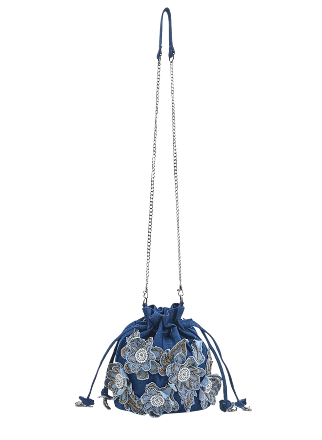 Denim Floral Embellished Drawstring Bag