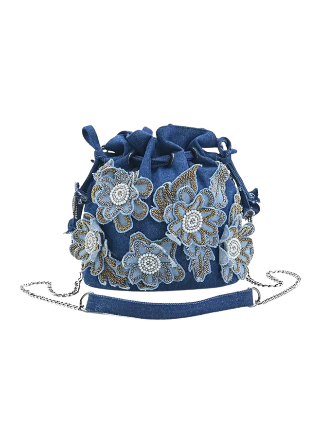 Denim Floral Embellished Drawstring Bag