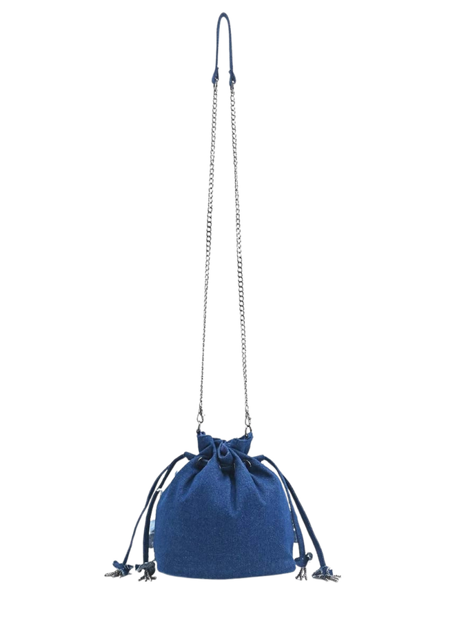 Denim Floral Embellished Drawstring Bag