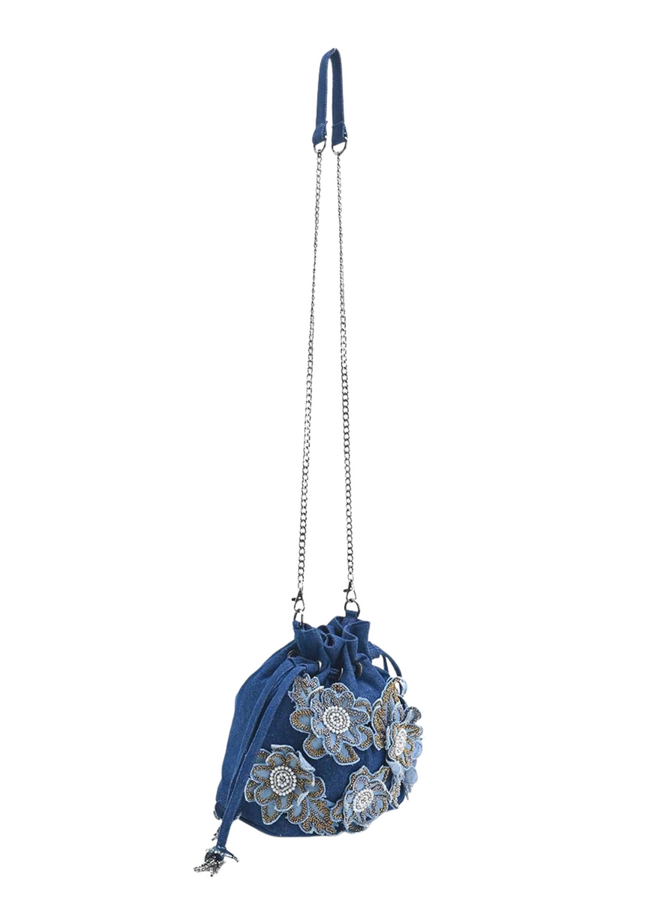 Denim Floral Embellished Drawstring Bag