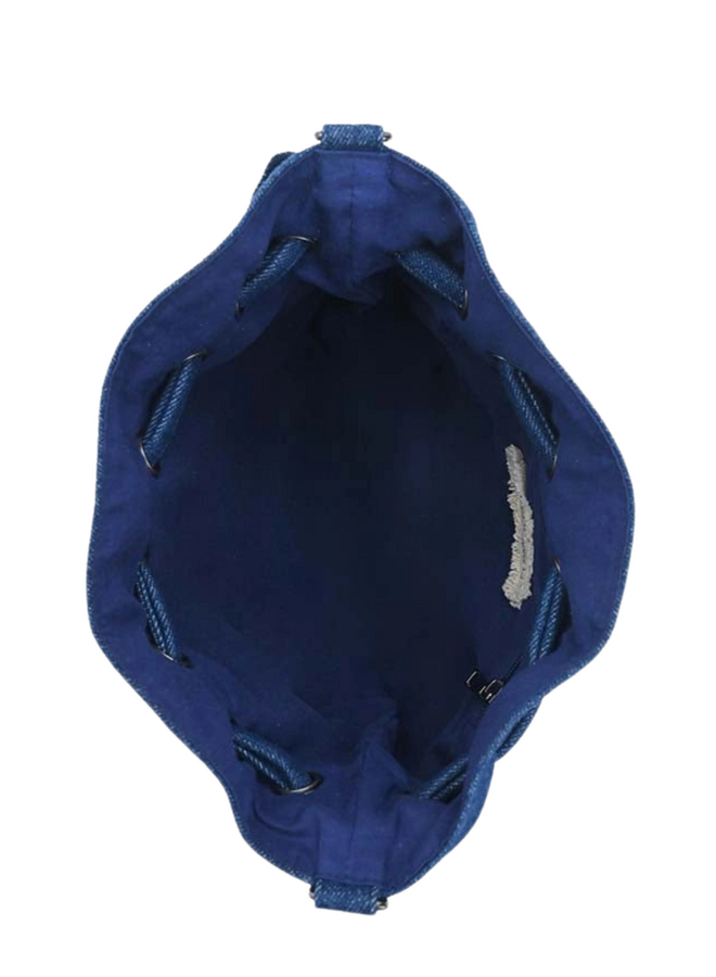 Denim Floral Embellished Drawstring Bag