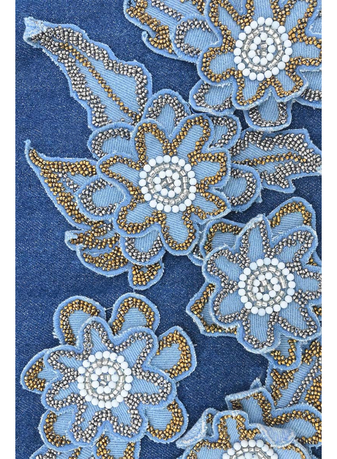 Denim Floral Embellished Drawstring Bag
