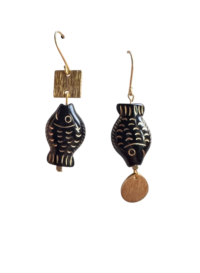 Fish And Brass Asymmetrical Earrings