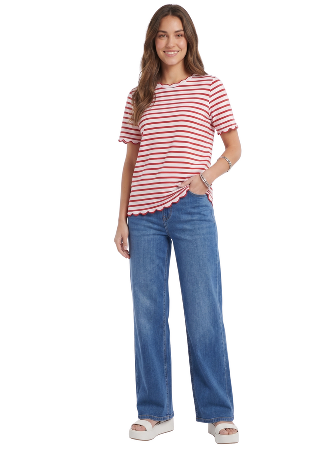 Red Striped Lettuce Hem Tee