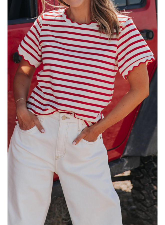Red Striped Lettuce Hem Tee
