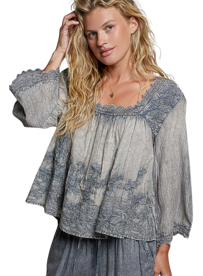 Vintage Washed Floral Lace Top in Charcoal