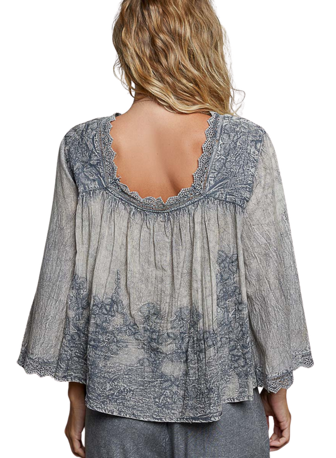 Vintage Washed Floral Lace Top in Charcoal