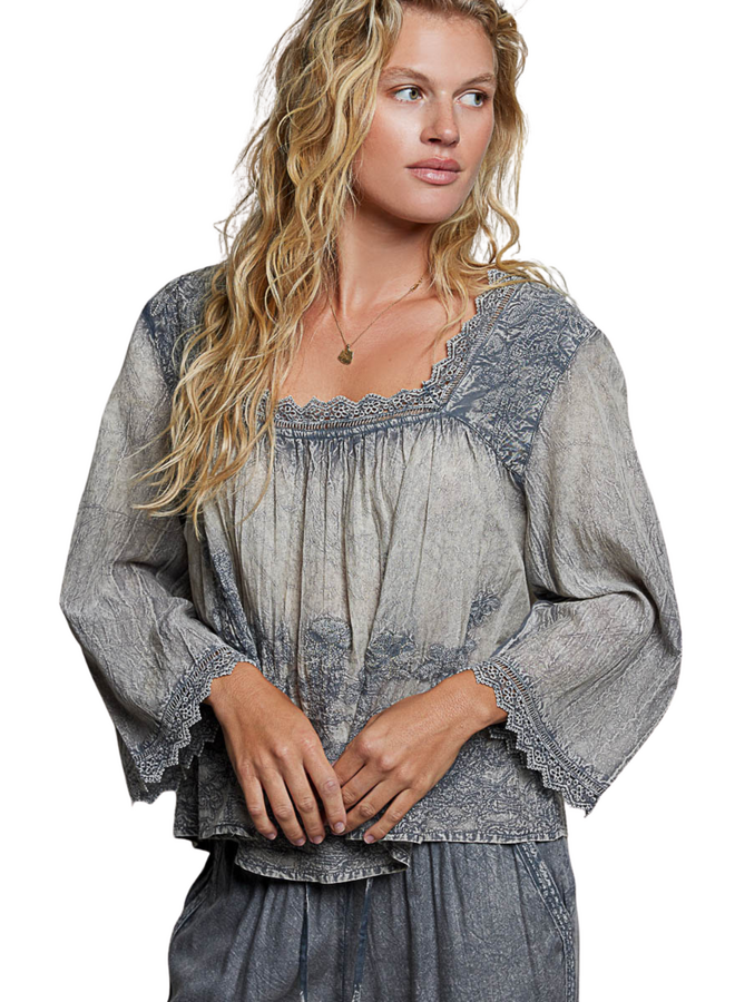 Vintage Washed Floral Lace Top in Charcoal