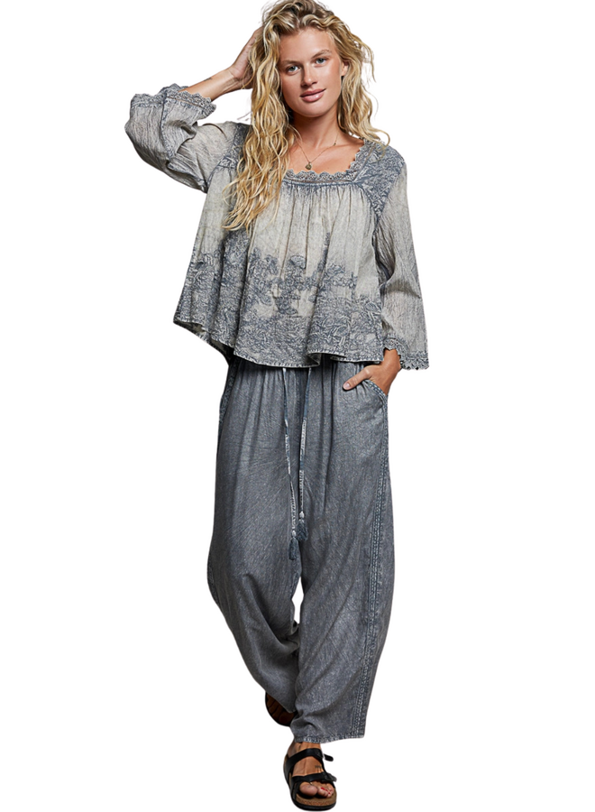 Pol Vintage Washed Floral Lace Top in Charcoal