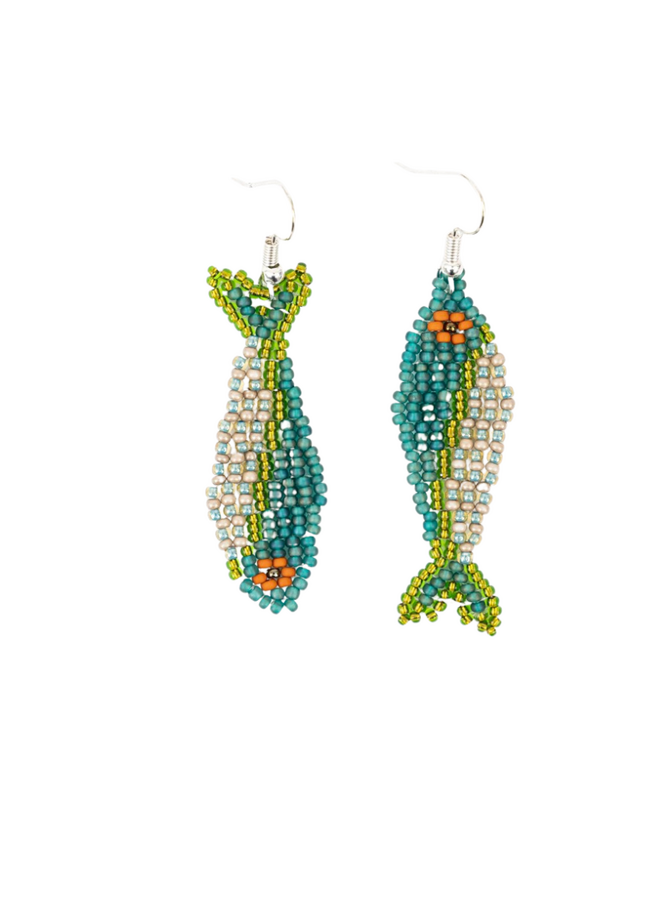 Handbeaded Fish Earrings In Green