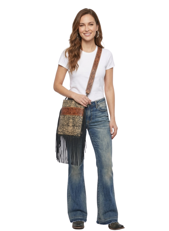 Fringed Animal Print Leather Bag