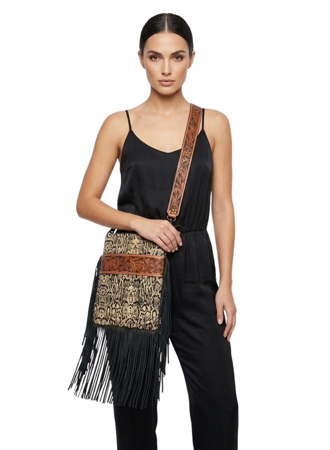 Fringed Animal Print Leather Bag