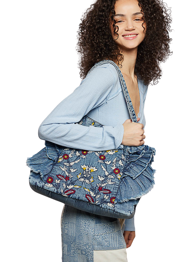 Embroidered Denim Ruffle Bag