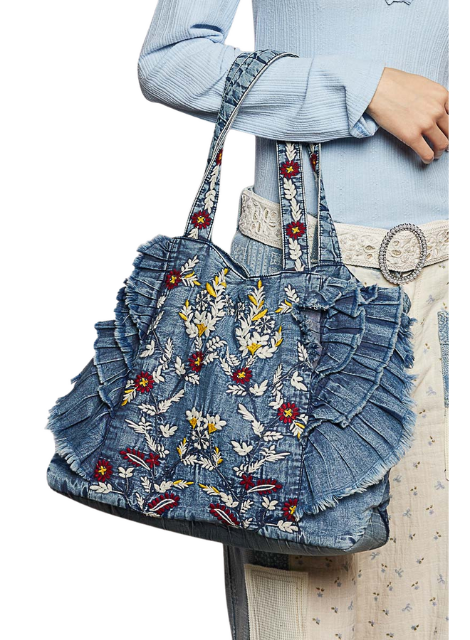 Embroidered Denim Ruffle Bag
