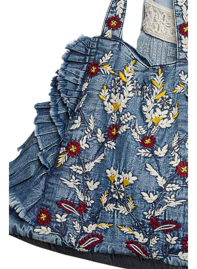 Embroidered Denim Ruffle Bag