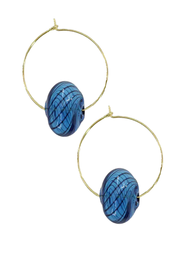 Glass Hoop Earrings in Blue Striped Disc