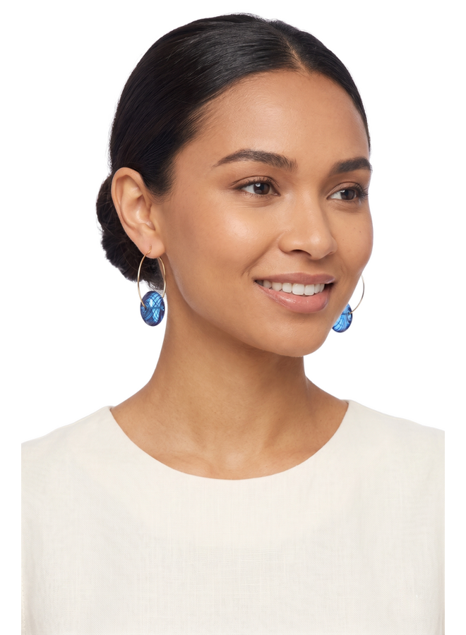 Glass Hoop Earrings in Blue Striped Disc
