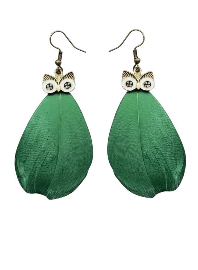 Green Feather Owl Earrings