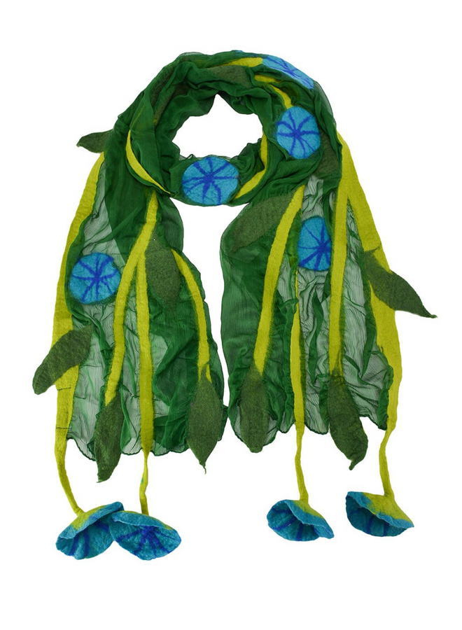 Green Chiffon Scarf With Felted Flowers