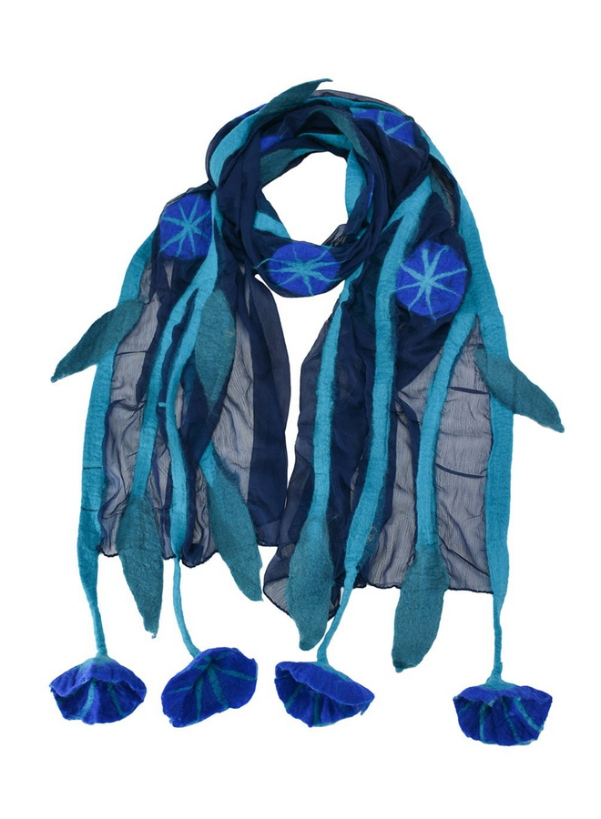 Blue Chiffon Scarf With Felted Flowers