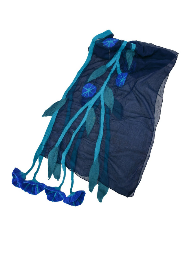 Blue Chiffon Scarf With Felted Flowers