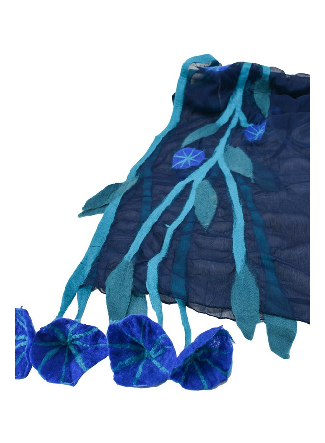 Blue Chiffon Scarf With Felted Flowers
