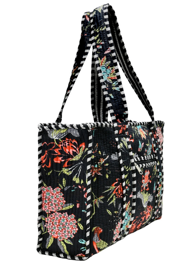 Small Floral Pheasant Tote Bag in Black