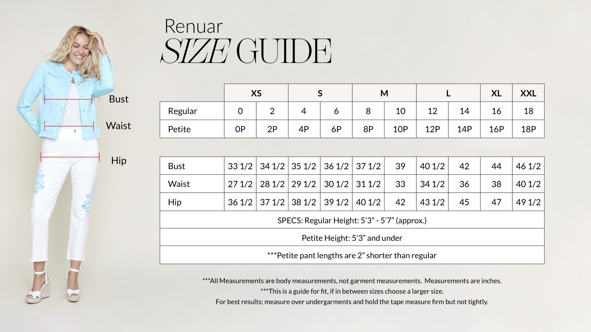 Renuar Size Guide