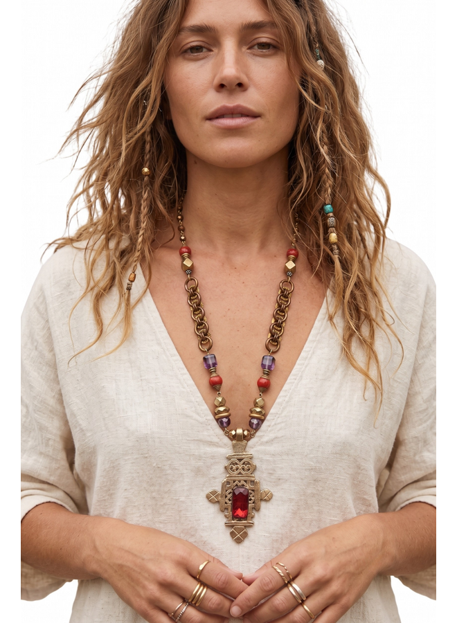 Jazmine Giovanni African Tuareg Cross Necklace with Coral