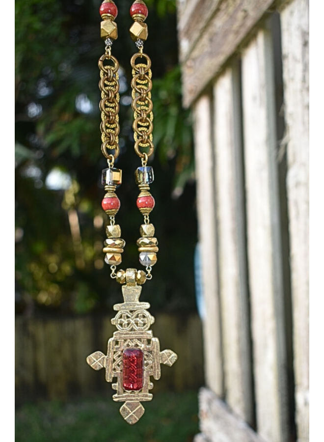 Jazmine Giovanni African Tuareg Cross Necklace with Coral