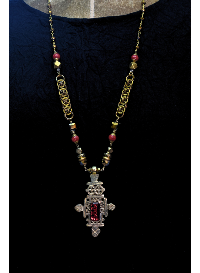 Jazmine Giovanni African Tuareg Cross Necklace with Coral