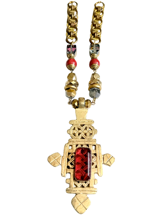Jazmine Giovanni African Tuareg Cross Necklace with Coral