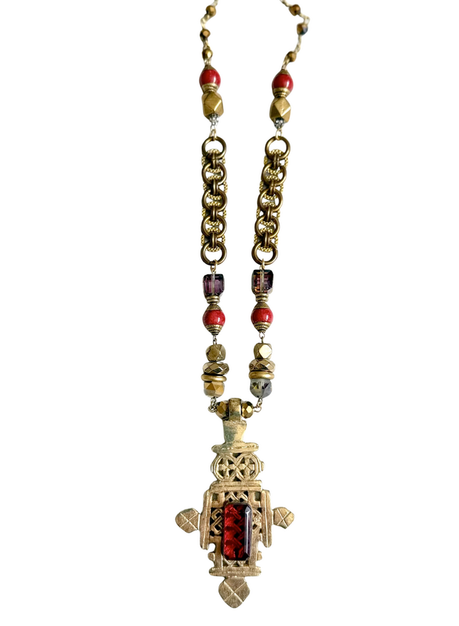 Jazmine Giovanni African Tuareg Cross Necklace with Coral