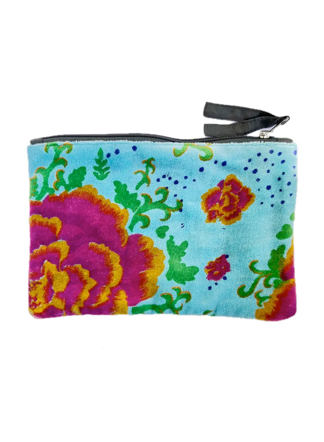 The Napoli Velvet Pouch in Peonies Blue