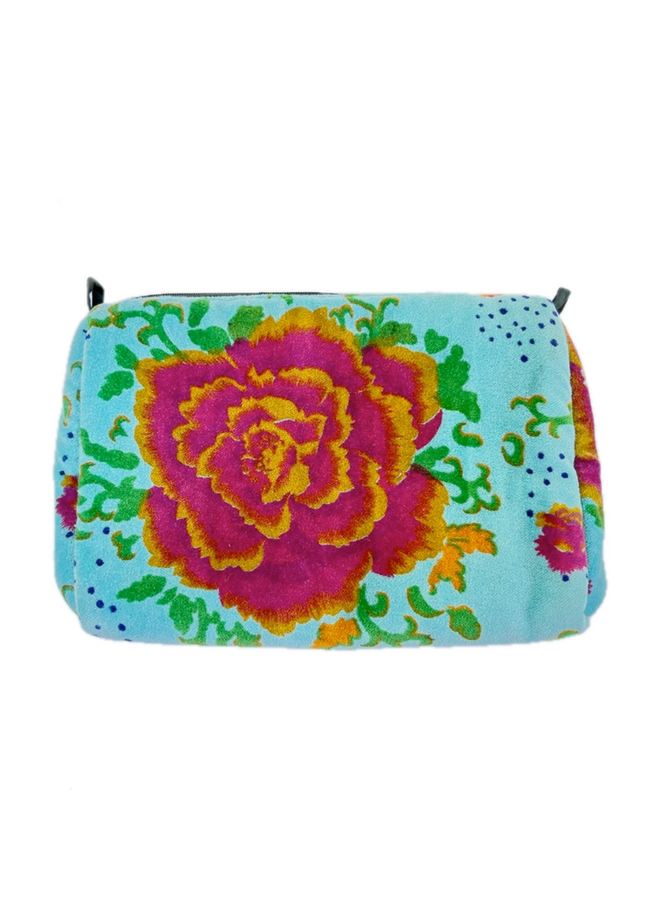 The Rome Velvet Pouch in Peonies Blue