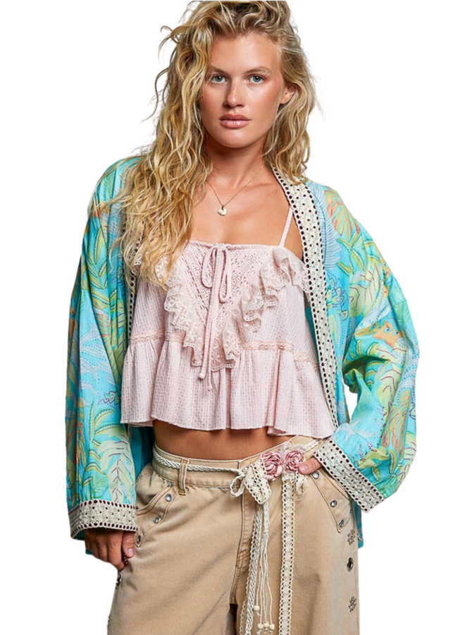 Aqua Floral Belted Kimono