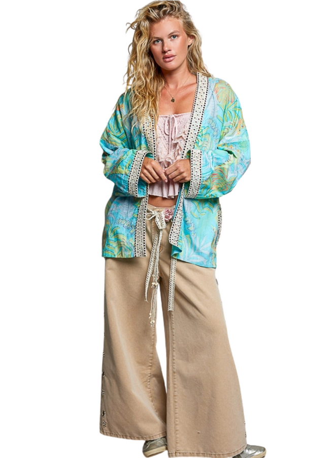 Aqua Floral Belted Kimono