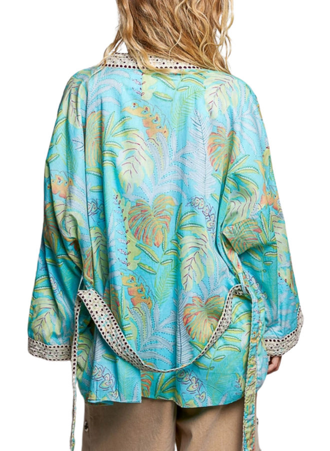 Aqua Floral Belted Kimono