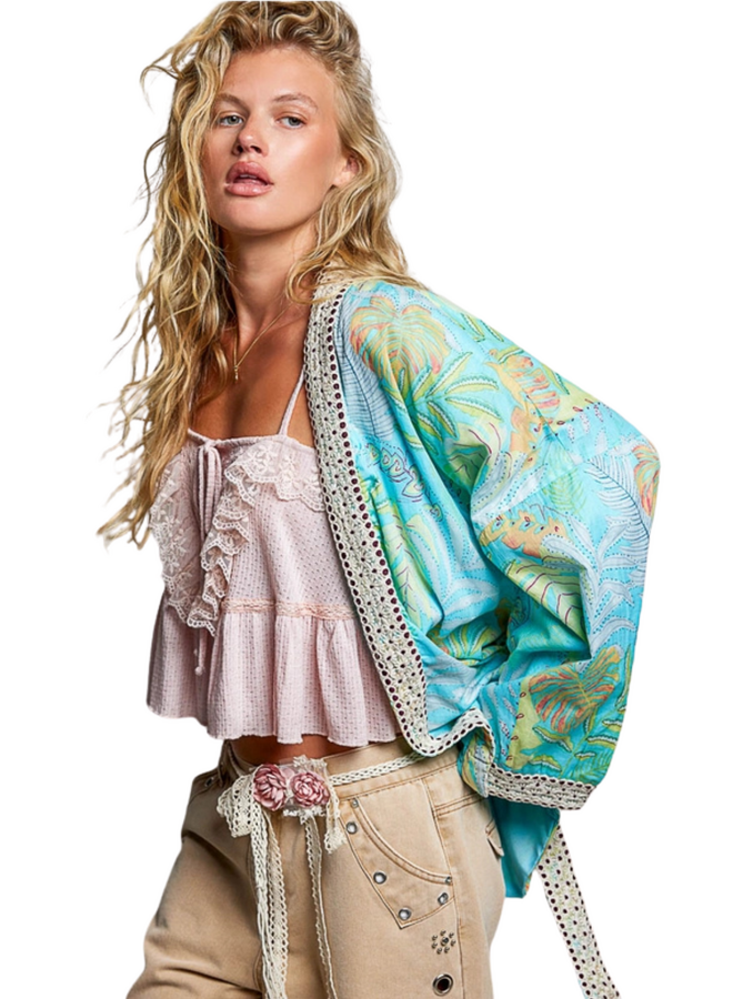 Aqua Floral Belted Kimono