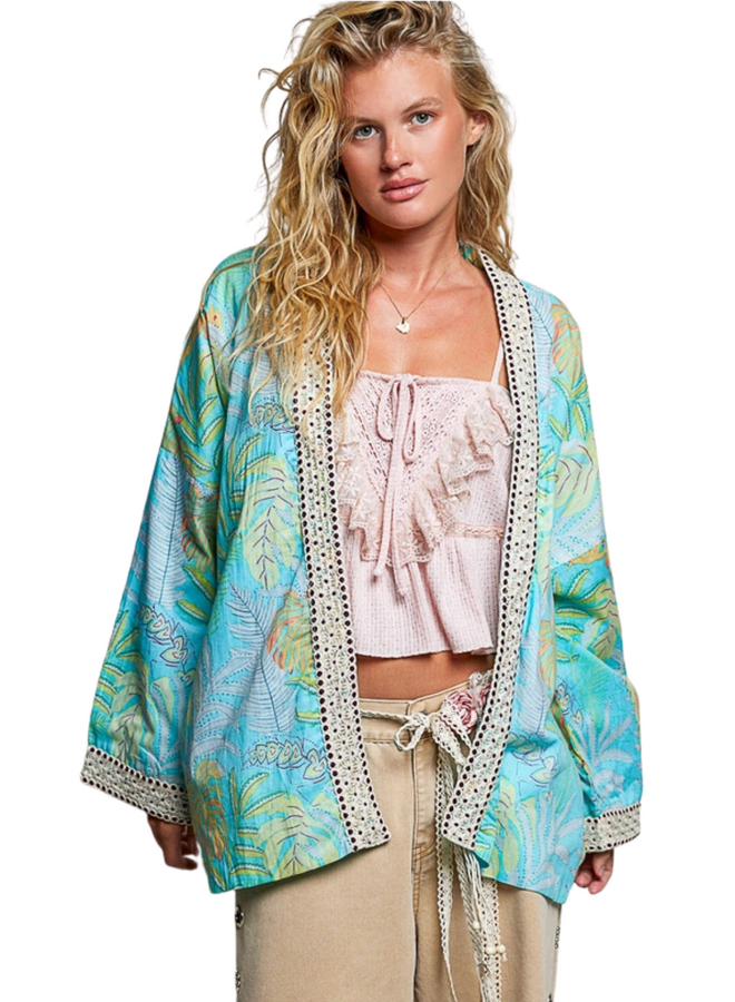 Aqua Floral Belted Kimono