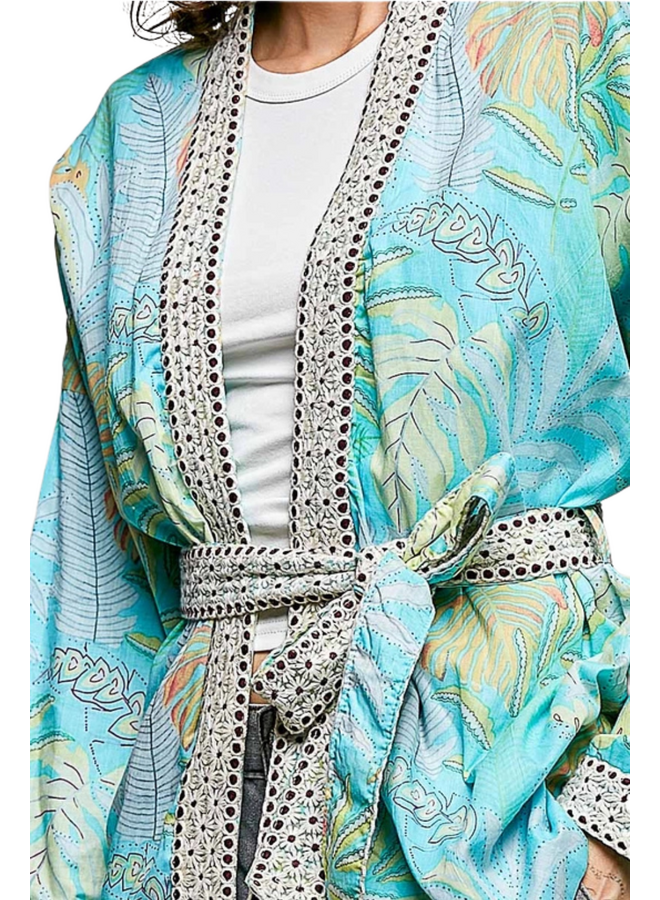 Aqua Floral Belted Kimono